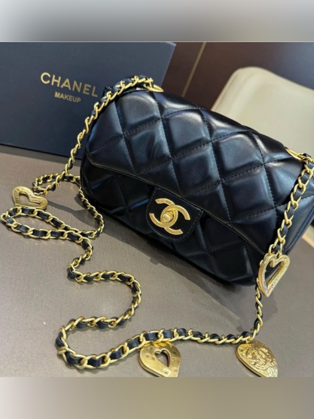 GWP CC Mini Heart Charms Flap Shoulder Bag Black Quilted. It comes with a box.
